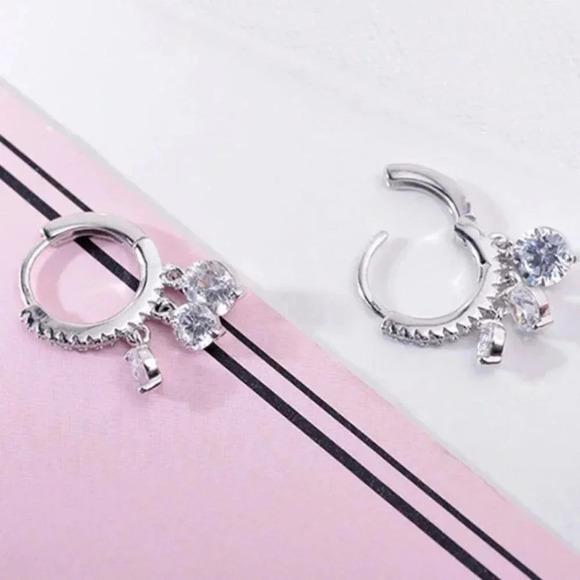 925 Sterling Silver Hoop Diamond Drop Earrings - Picture 6 of 7